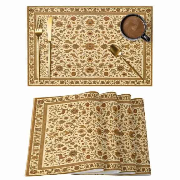 Intricate Brown Arabesque Placemats Set of 1, Vintage Boho Beige Abstract Floral Vine Non-Slip Place Mats Washable Table Mats for Kitchen Dining Table Decorations Indoor/Outdoor