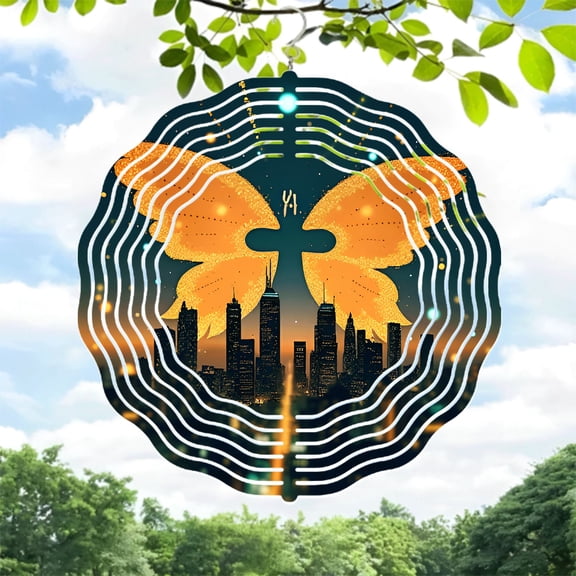 Intricate Butterfly & Cross Metal Wind Spinner - Dusk Cityscape Design for Yard & Garden - Unique Sound Wave Patterns