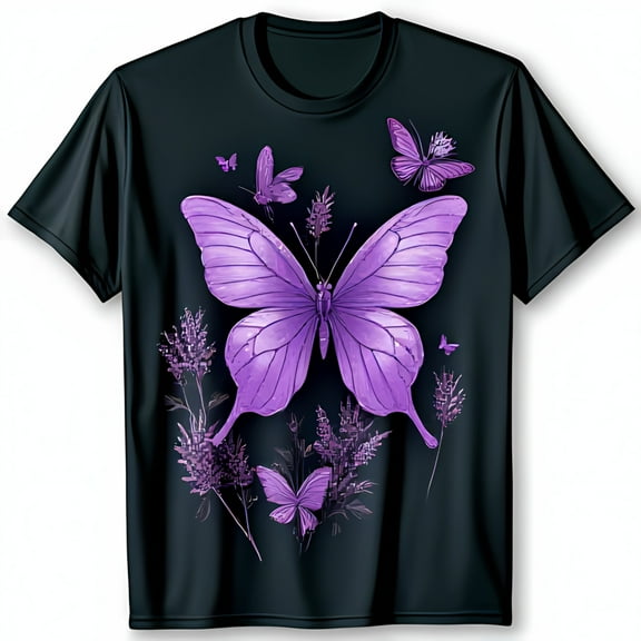 Intricate Butterfly Graphic on Black T-Shirt with Floral Design