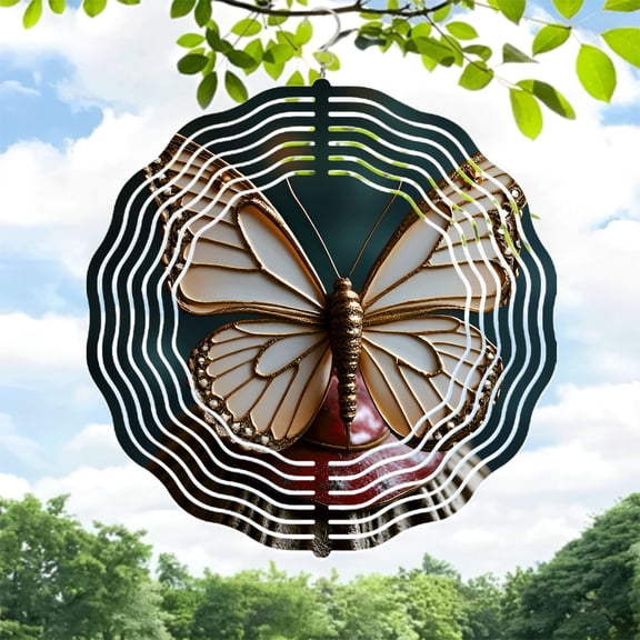 Intricate Butterfly Metal Wind Spinner with Gold & White Patterns - Stunning Garden Decor with Concentric Ripple Design