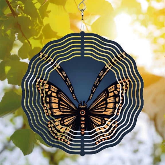Intricate Butterfly Metal Wind Spinner with Orange & Black Wings Circular Wave Design - Perfect for Yard & Garden Decor