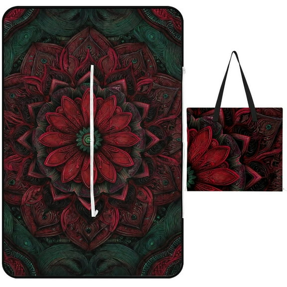 Intricate Dark Red Floral Mandala Design Waterproof Picnic Blanket with Foldable Zipper, Suitable for Outdoor Use, Suitable for Travel, Camping, Beaches, Parks, Grasslands, Picnic Blanket Accessories