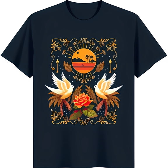 Intricate Design Dark Blue T-Shirt with Elegant Birds Red Rose & Sun
