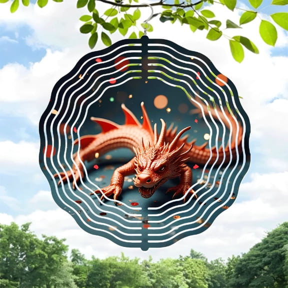 Intricate Dragon Design Metal Hanging Wind Spinner - Festive Circular Pattern Wind Chime for Yard & Garden Decor
