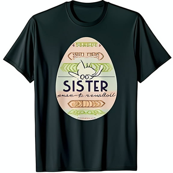 Intricate Easter Egg Graphic Black T-Shirt with 'OO Sister' Design