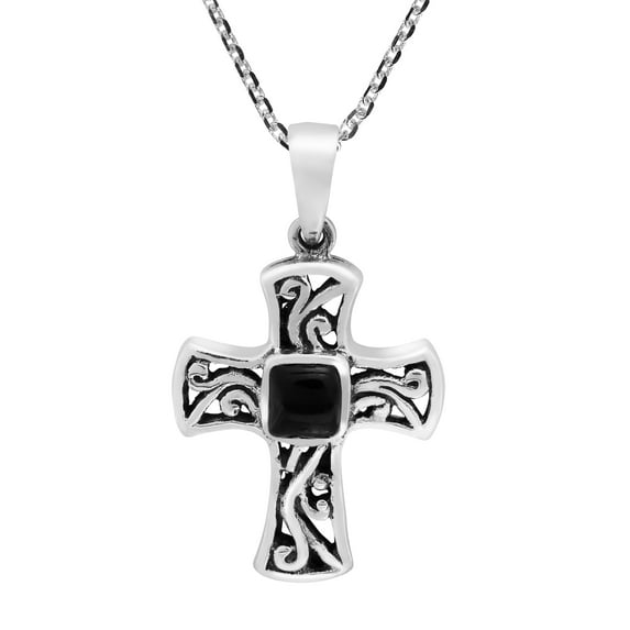 Intricate Filigree Cross of Faith Black Onyx Stone Inlay Necklace