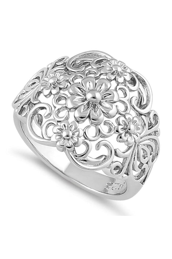 Intricate Filigree Flowers Ring 925 Sterling Silver Vintage Statement Gift _5.5