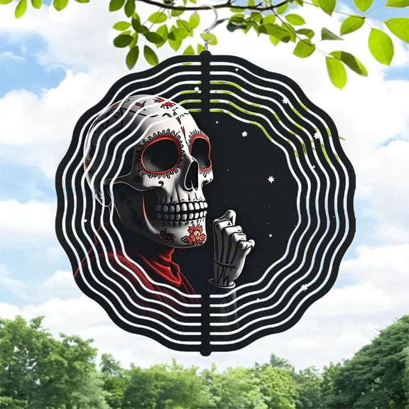 Intricate Floral Skull Metal Wind Spinner & Chime - Cosmic Design with Peace Sign Perfect for Yard & Garden Decor