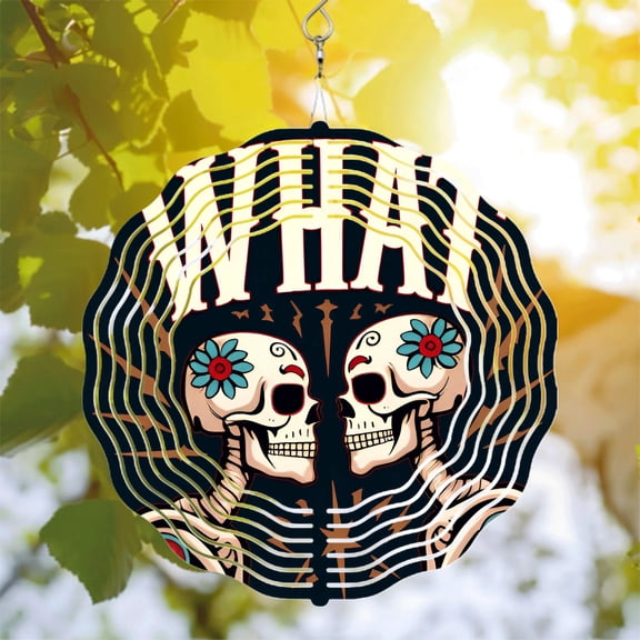 Intricate Floral Skull Metal Wind Spinner & Chime for Yard & Garden - Unique Decorative Art with Dynamic Wave Background