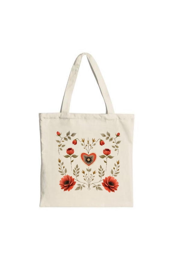 Intricate Floral Tote Bag - Cream Canvas with Red & Brown Heart Design Perfect for Shopping Travel & Parties Sturdy & Stylish