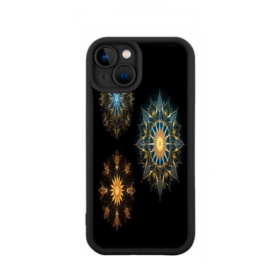 Intricate Gold & Blue Mandala Design iPhone 15 Case - Lightweight Yellowing Resistant Symmetrical Pattern Black Background