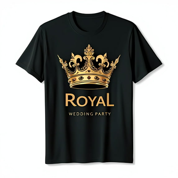 Intricate Gold Crown Graphic Black T-Shirt for Royal Wedding Party