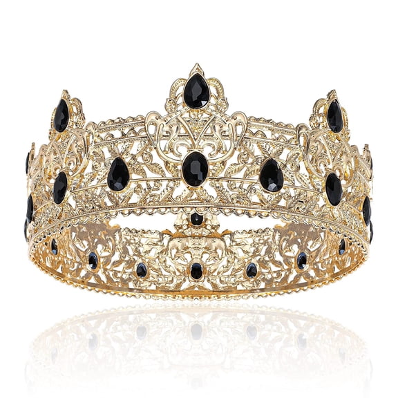 Intricate Gold Crown with Black Teardrop Gemstones, Detailed Openwork Design, 2.6"H x 6.8"W