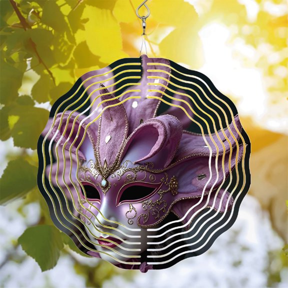 Intricate Gold & Purple Decorative Metal Hanging Wind Spinner with Gem - like Embellishments - Striking Black & White Striped Design for Yard & Garden