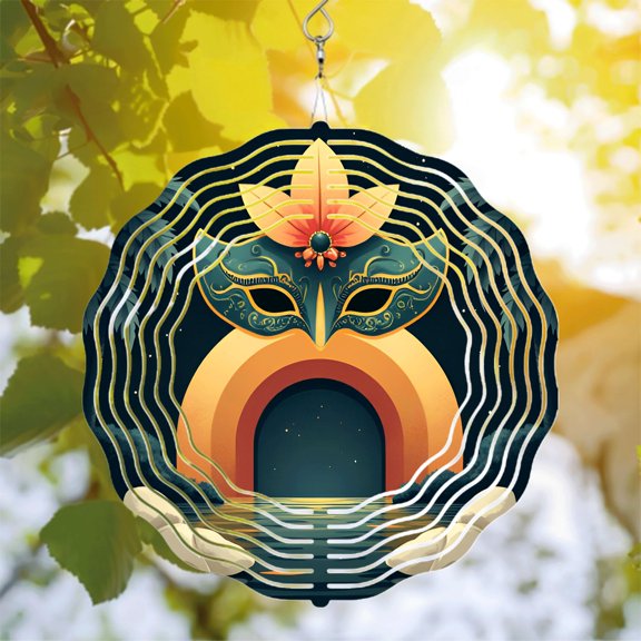 Intricate Golden Archway Metal Wind Spinner with Floral Mask Design - Elegant Yard & Garden Wind Chimes for Outdoor Decor