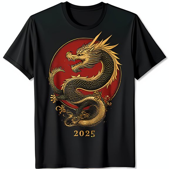 Intricate Golden Design Black T-Shirt with 2025 & Red Circle
