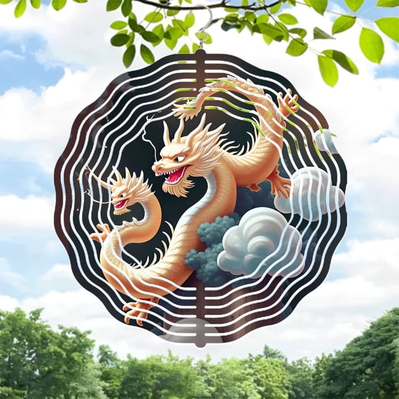 Intricate Golden Dragon Metal Wind Spinner & Chime - Stunning Design for Yard & Garden Soaring in Dark Sky with Motion Effect