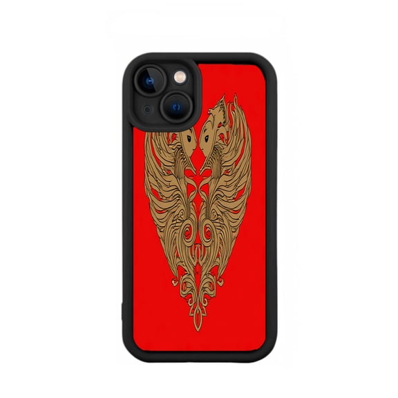 Intricate Golden Intertwined Birds Design iPhone 15 Case - Lightweight Yellowing Resistant Black Border with Red Background