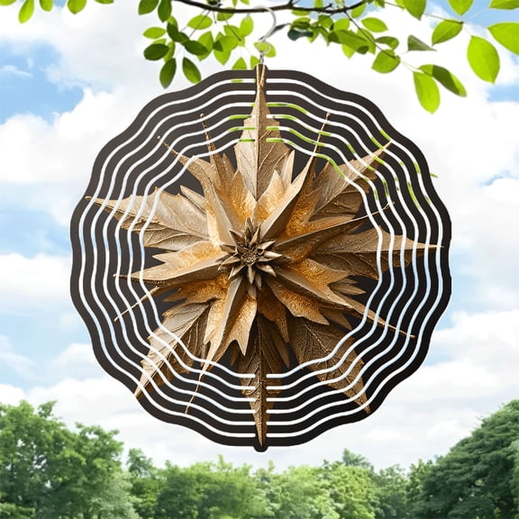 Intricate Golden Star Metal Wind Spinner with Leaf Design - Elegant Hanging Wind Chime for Yard & Garden Decor Dynamic Wave Patterns