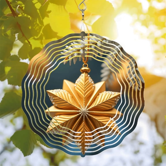 Intricate Golden Star Metal Wind Spinner with Leaf Patterns - Elegant Hanging Chime for Yard & Garden Decor