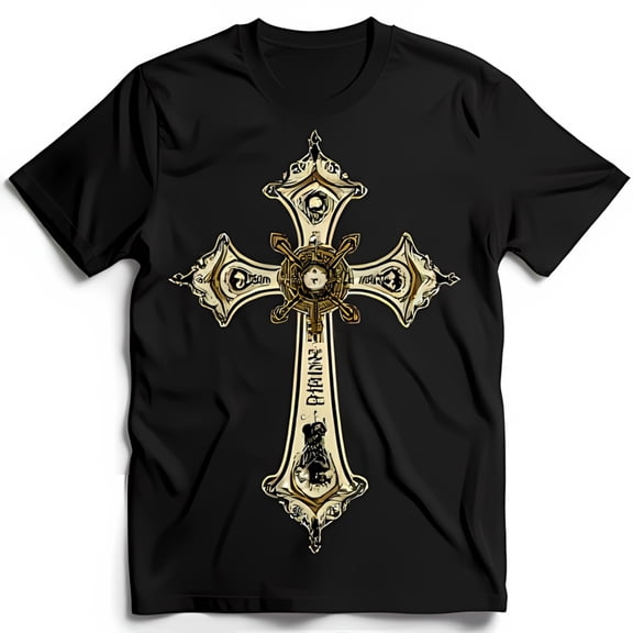 Intricate Gothic Gold Graphic Black T-Shirt for Unique Style