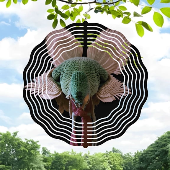 Intricate Green Bird Metal Wind Spinner with Layered Feather Design & Concentric White Ripple Pattern - Perfect for Yard & Garden Decor