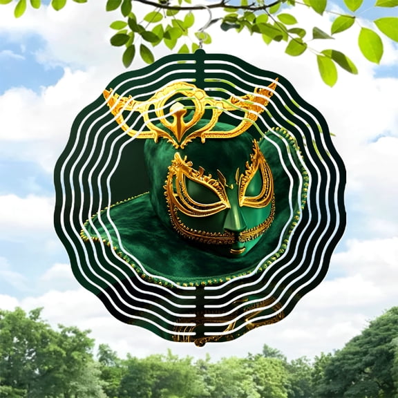 Intricate Green & Gold Mask Metal Wind Spinner - Elegant Yard & Garden Decor with Crown Design Perfect for Outdoor Spaces