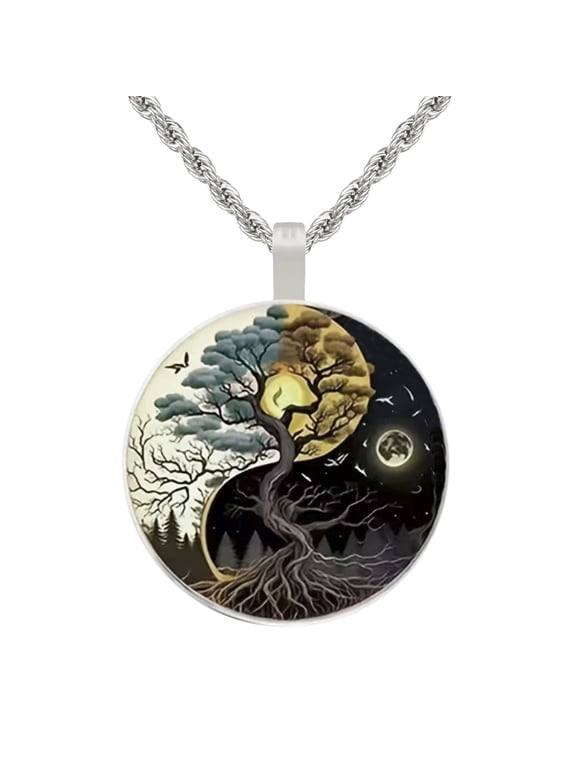 Intricate Highly Detailed Yin Yang Tree of Life Printed Pendant on Solid Stainless Steel Rope Chain, 20 Inch, Unisex Gift for Him or Her