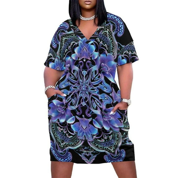 Intricate Iridescent Floral Mandala Design Summer Sundress for Curve Women Casual Pattern Plus Size V Neck Short Sleeve Loose Fit Oversize Dresses
