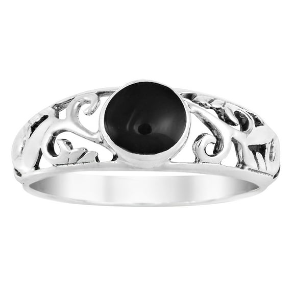 Intricate Lace Swirl Vines Round Black Onyx Sterling Silver Ring-8
