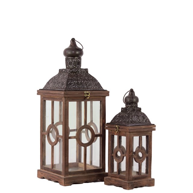 Intricate Lamp Post Design Wooden Lantern Set Of Two In Rustic Antique ...