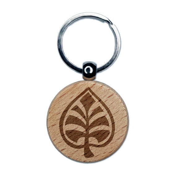 Intricate Leaf Design Round Keychain Charm Tag - Engraved Wood