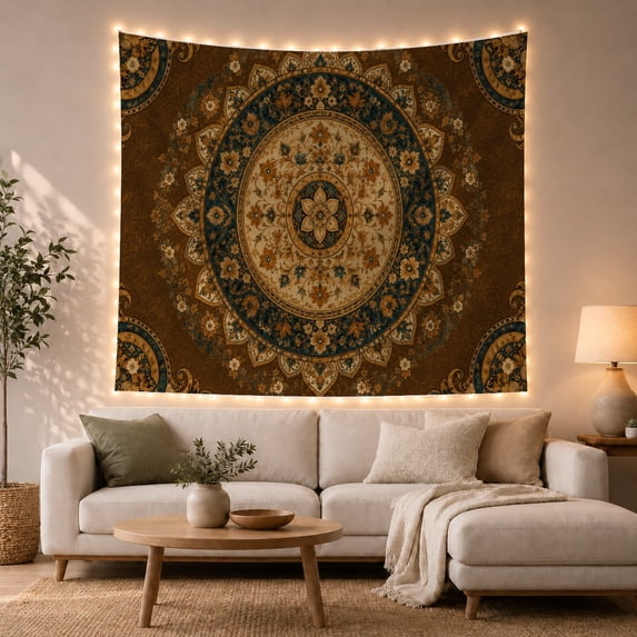 Intricate Mandala on Dark Brown Background, Calming Boho for Home Decor Enthusiasts, Bohemian Wall Art, Housewarming Gift Tapestry Wall Hanging for Bedroom and Living Room