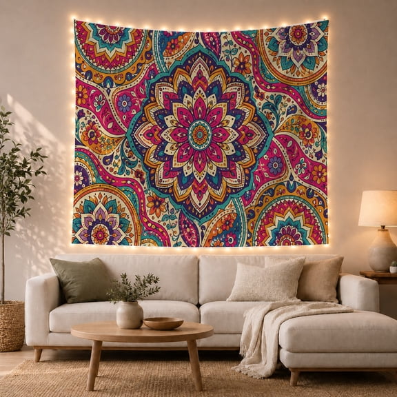 Intricate Mandala with Floral Paisley Patterns, Energetic Boho Style for Boho Decor Lovers, Vibrant Mandala Art, Housewarming Gift, Tapestry Wall Hanging for Bedroom and Dorm