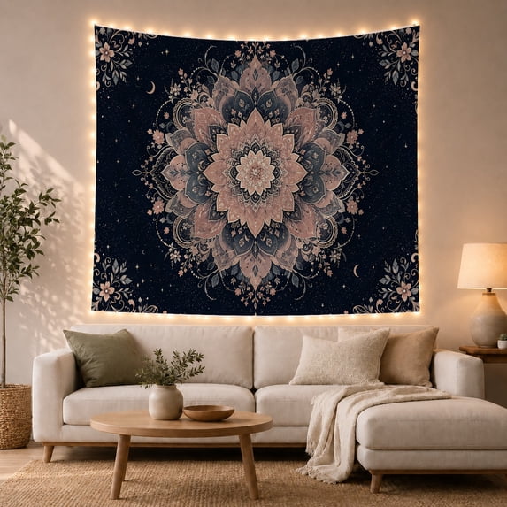 Intricate Mandala Flower on Starry Night Background, Mystical Boho for Bohemian Decor Enthusiasts, Celestial Wall Art, Housewarming Gift, Tapestry Wall Hanging for Bedroom and Living Room