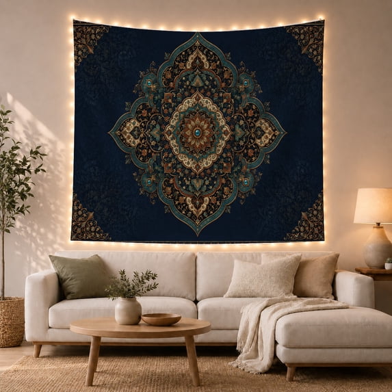 Intricate Mandala with Lotus and Paisley on Dark Navy, Mystical Boho for Boho Decor Lovers, Meditative Wall Art, Housewarming Gift, Tapestry Wall Hanging for Bedroom and Living Room