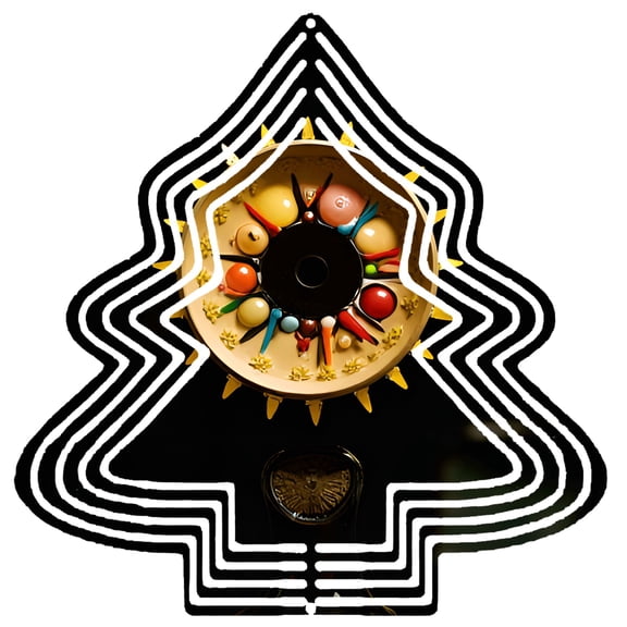 Intricate Metal Hanging Christmas Tree Wind Spinner - Decorative Clock Face Design with Colorful Balls & Sun Emblem for Garden