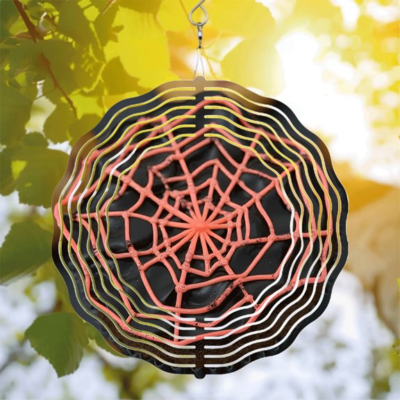 Intricate Metal Hanging Wind Spinner - Symmetrical Spider Web Design in Black White & Orange for Yard & Garden Decor