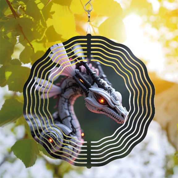 Intricate Metal Hanging Wind Spinner with Futuristic Dragon Design Glowing Eyes & Energy Wave Pattern for Yard & Garden Decor