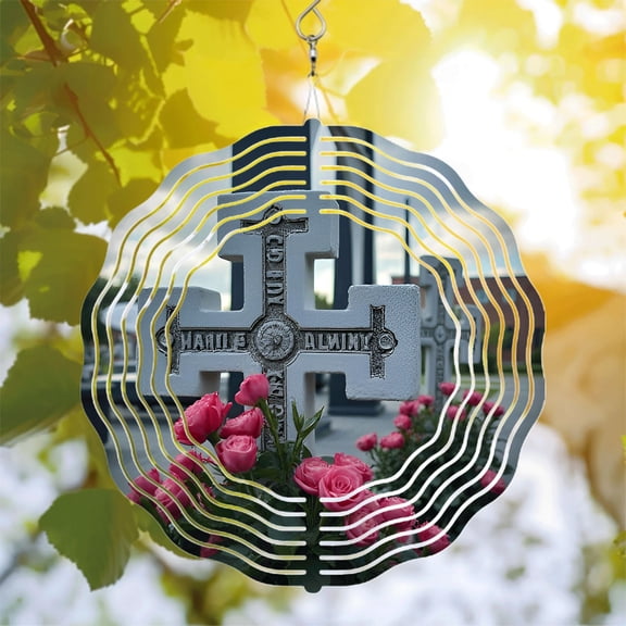 Intricate Metal Hanging Wind Spinners & Chimes - Elegant White Cross Design with Vibrant Pink Roses for Yard & Garden Decor