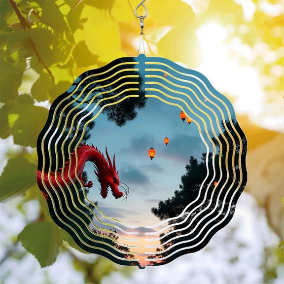 Intricate Metal Hanging Wind Spinners & Chimes - Mystical Dragon Design with Circular Patterns for Yard & Garden Decor
