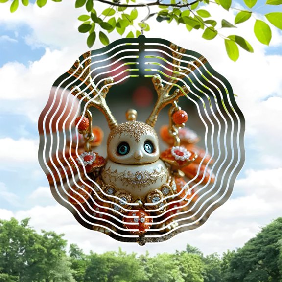 Intricate Metal Hanging Wind Spinners & Chimes - Mythical Creature Design with Antlers Golden Patterns & Gemstone Accents for Garden Decor