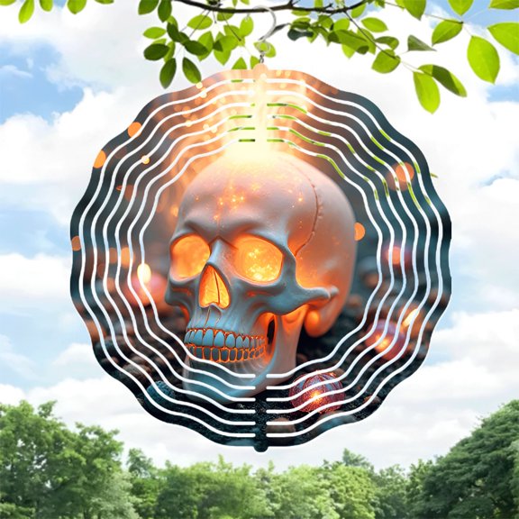 Intricate Metal Hanging Wind Spinners & Chimes for Yard - Mystical Circular Pattern Design with Glowing Skull & Warm Light Effects
