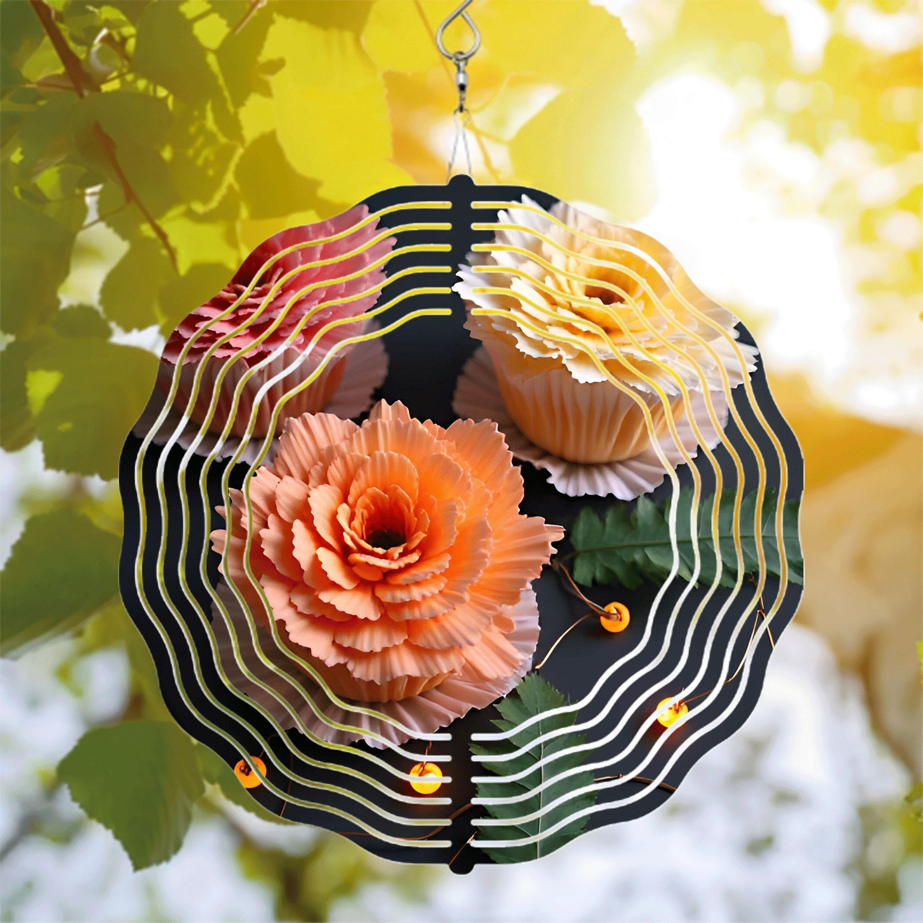 Intricate Metal Hanging Wind Spinners with Colorful Paper Flower Design ...