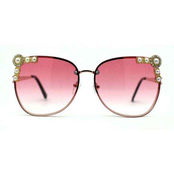 Intricate Metal Jewel Pearl Trim Rimless Metal Rim Butterfly Sunglasses Gold Pink