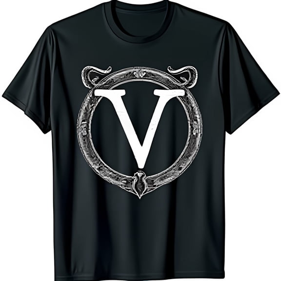 Intricate Metal White V Design Black T-Shirt Bold Graphic Tee