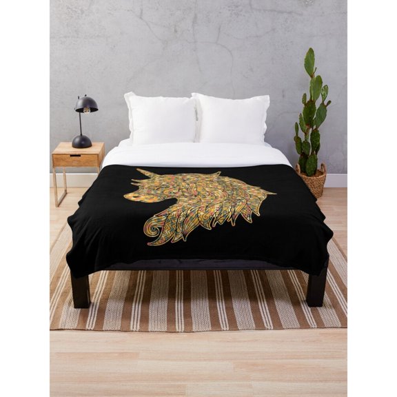 Intricate Multicolor Wolf Head on Black Fleece Blanket, Polyester Fleece Fabric, 280 GSM, Wildlife Decor