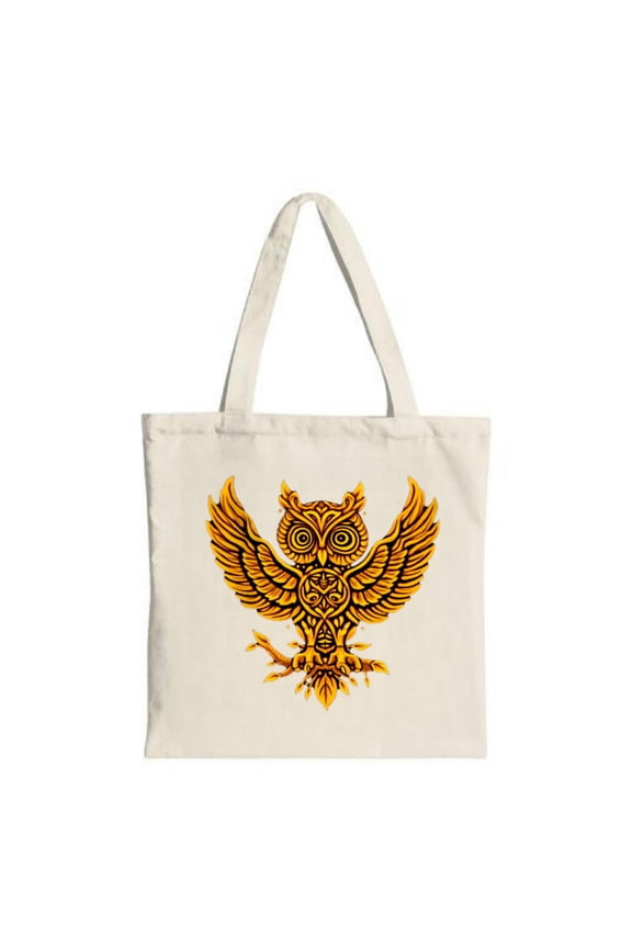 Intricate Owl Design Tote Bag - Natural Canvas Bold Yellow & Orange Perfect for Shopping Travel & Parties Sturdy Handles