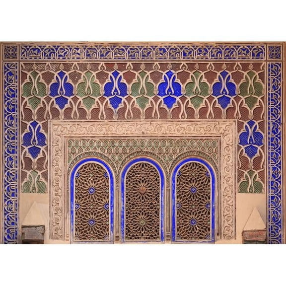 Intricate Painted & Stucco Patterns On The Walls of A Riad - Marrakech Morocco Poster Print, 16 x 11