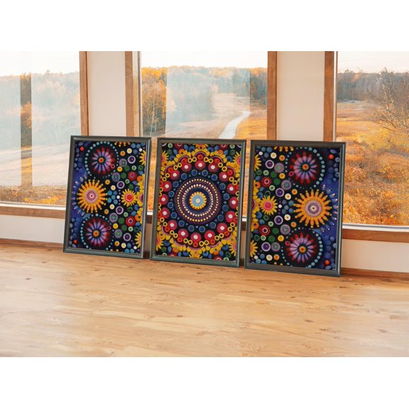 Intricate Pointillism Hand-Dotted Mandala Triptych Celebratory Floral Detailed Dotwork Gallery Set Zen Inspired Wall Art Poster, , Poster Only